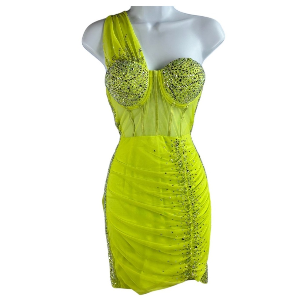 Banjul Neon Lime Green Corset Mini Dress Sz XS/S One Shoulder Rhinestone Beaded